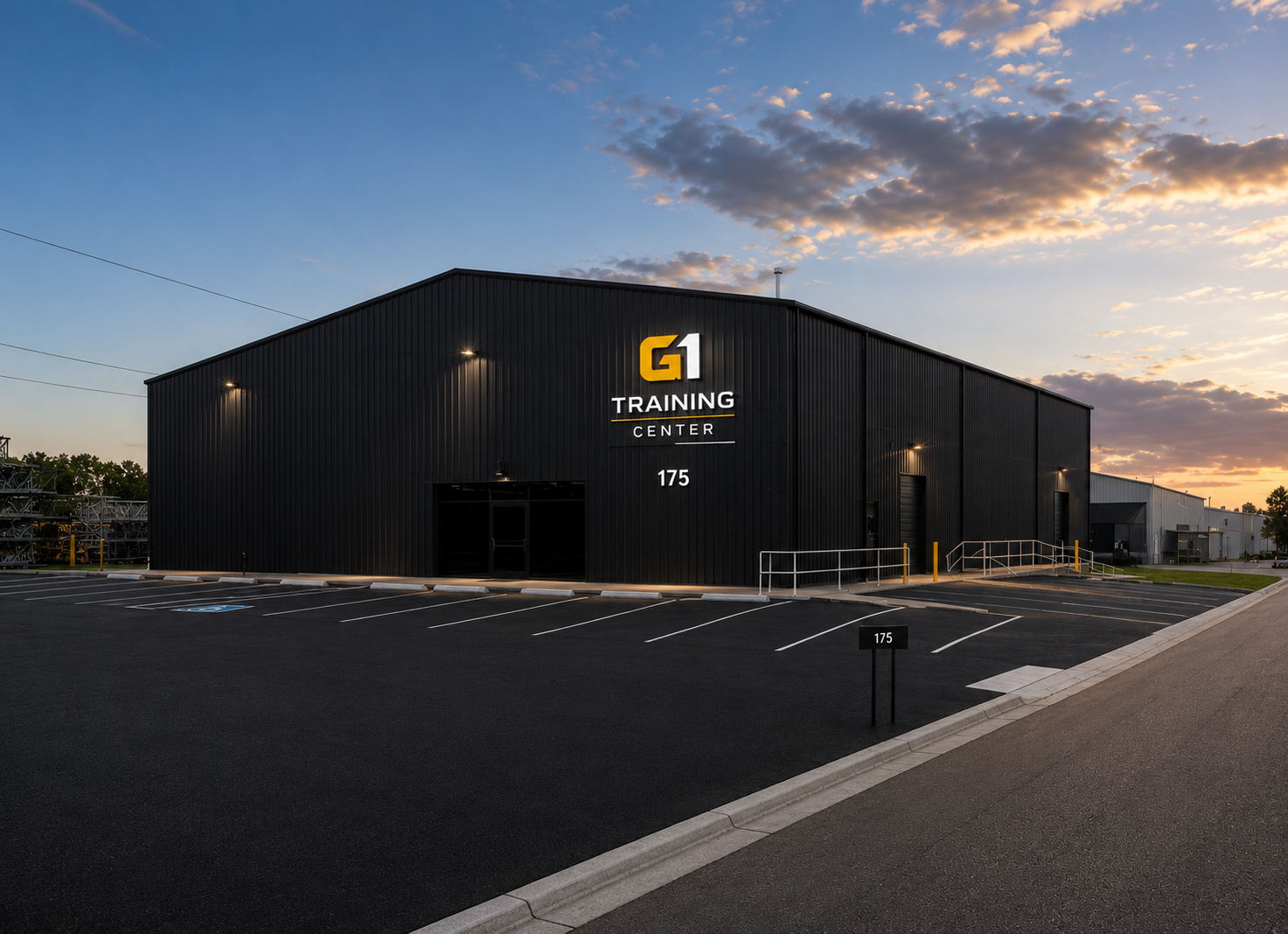 G1 Training Center exterior building at sunset